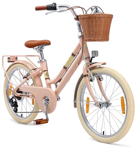 BIKESTAR Alu Kinderfahrrad ab 6-7 Jahre | 20 Zoll City Retro Bike, 7 Gänge, Korb, V-Bremse, Hollandrad | Rosa | Risikofrei Testen
