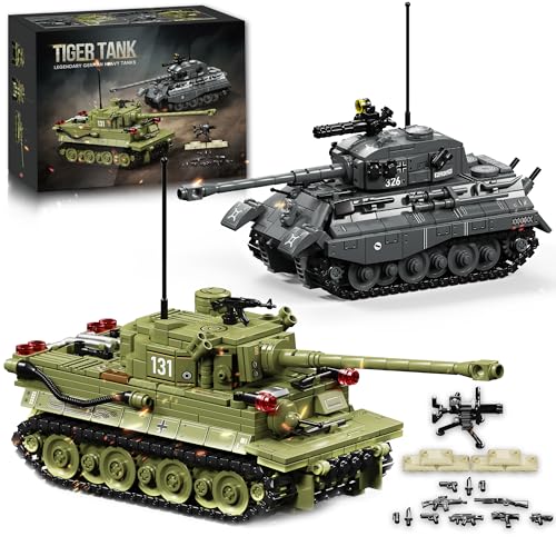 Bilinavy WW2 Army Tank Bauspielzeugsets, 2 Classic Military Tanks Building Set with Rotatable Turret, Movable Tracks & Tactical Gear, Tiger Tank Model & Military Vehicles for Collectors, 1314Pcs