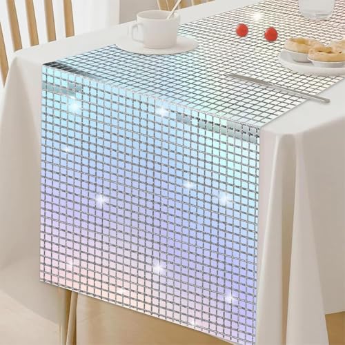Disco Party Tischläufer, 30x275cm Discokugel Tischdecke, Silber Table Runner mit Farben Glitter, Disco Party deko, 70er Disco Thema deko, Tisch läufer für Geburtstag Tanzparty（Schillernde Farben）