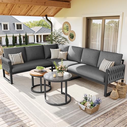 TOBIDOEN Garten Lounge Set für 5-6 Personen, Ecksofa und Sessel-Sofa mit Höhenverstellbaren Tischbeinen, Abnehmbaren Wasserabweisenden Kissen, Modular für Balkon Garten Terrasse, B - Grau