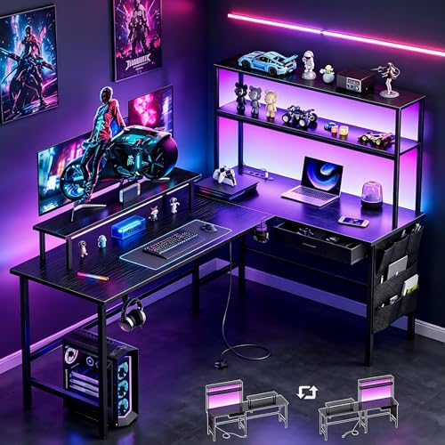 HLONONE Gaming Tisch, Eckschreibtisch 150 x 100cm mit 3 Steckdosen & 2 USB, Reversibel Gaming Schreibtisch L Form mit LED, Computertisch mit Schubladen & Monitorständer für Gaming, Homeoffice, Schwarz