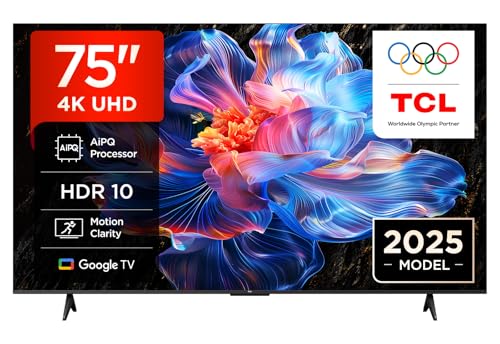 TCL 75V6C 75 Zoll Direct LED TV, 4K HDR Fernseher, Smart TV mithilfe von Google TV (Dolby Audio, Motion Clarity, Kompatibel mit Google Assistant & Alexa)