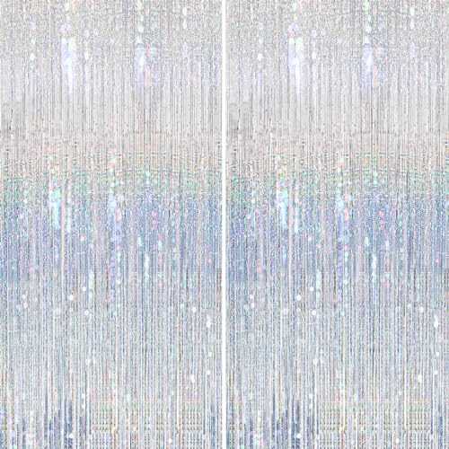 KERNOWO Lametta Vorhang Silber Glitzer,2 Stück Party Vorhänge Luftschlangen Fransen Geburtstag Dekoration für Neujahr 2024 Disco Party Weihnachten Party Deko