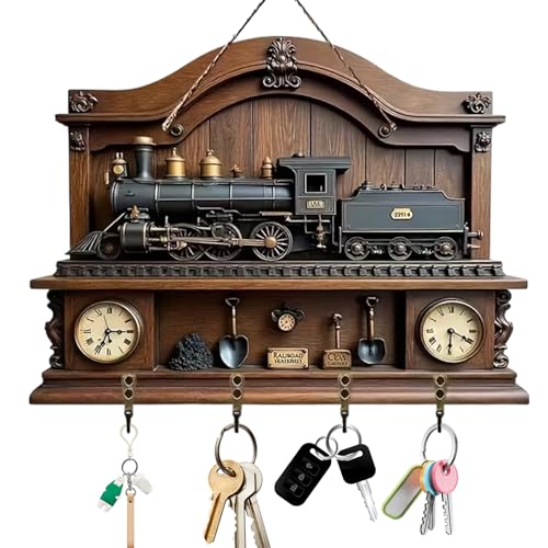 Fychuo Vintage Dampflok Schlüsselbrett Ohne Bohren, Retro Eisenbahn Schlüsselhalter aus Holz, Wanddekoration für Flur und Eingangsbereich, Praktische Schlüsselaufbewahrung mit 4 Haken, 1 Hanfseil