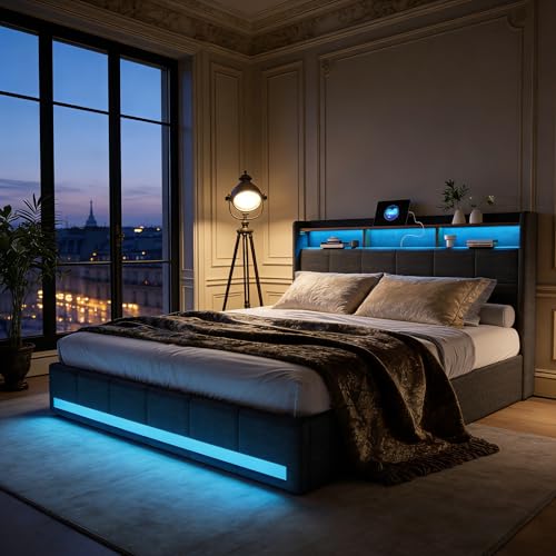 BRYXR Boxspringbett 140x200 mit Lattenrost,Stilvolles Polsterbett mit Stauraum, 4 Schubladen, Individueller LED-Beleuchtung, USB und Typ-C-Anschlüssen, Modernes Graues Design für optimalen Komfort