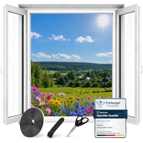teeppo Fliegengitter Fenster, Insektenschutz Fenster Ohne Bohren, Zuschneidbares Moskitonetz mit Starkem Klettband, Einfach Montierbares Fliegennetz für Fenster 130 x 150 cm, Schwarz