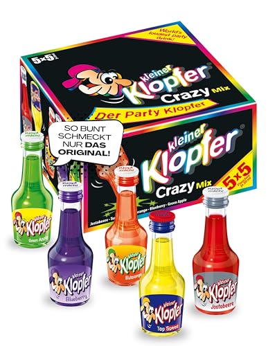 Kleiner Klopfer Crazy Mix I 25 Mini Liköre à 20 ml I 5 beliebte Sorten Green Apple, Blueberry, Blutorange, Top Speed & Jostabeere I 16 % Vol. I Likör-Mix für Geburtstag & Karneval