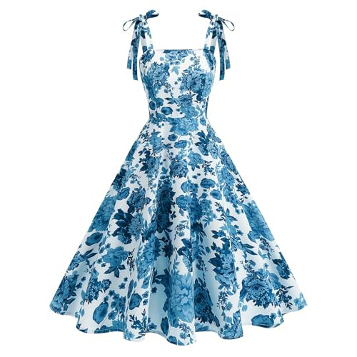 Odizli Rockabilly Kleider Damen Elegant Vintage 50er Jahre Petticoat Kleid Sommer Spaghettiträger Blumen A Linie Swing Knielang Sommerkleid Hochzeitsgast Festlich Cocktailkleid Abendkleid Blau S