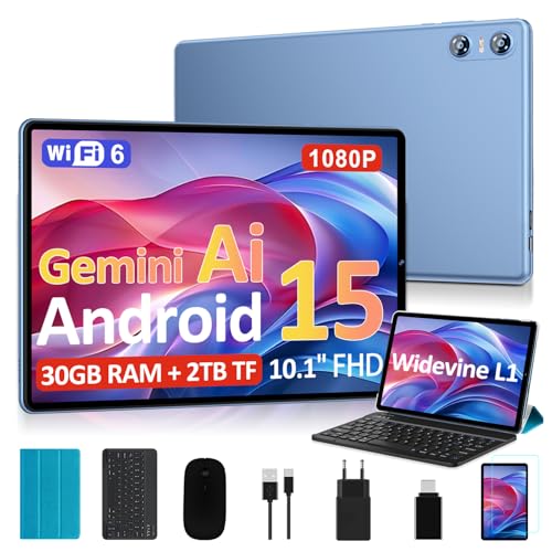 BIEGEDY 2026 Neueste Tablet 10 Zoll Android 15 mit Gemini AI, 30GB RAM + 2TB TF, Octa-Core 2.0GHz, Widevine L1 FHD IPS, 5G/2.4G WLAN, GMS, BT 5.0, 6000mAh, 8+5MP, Tablet mit Tastatur und Maus - Blau