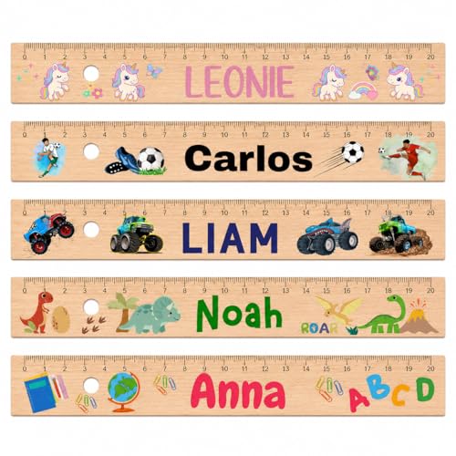Personalisiertes Kinder Lineal aus Holz für die Schule Einschulung 2026-20 cm mit Namen & süßen Motiven - Schullineale für Mädchen & Jungen als Geschenkidee