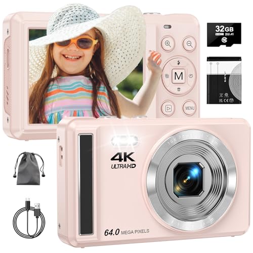 Digitalkamera 4K 64 MP mit Autofokus | Tragbare Kompaktkamera mit 32 GB TF-Karte, 1200mAh Batterie und USB-Kabel | Ideal für Teenager und Anfänger