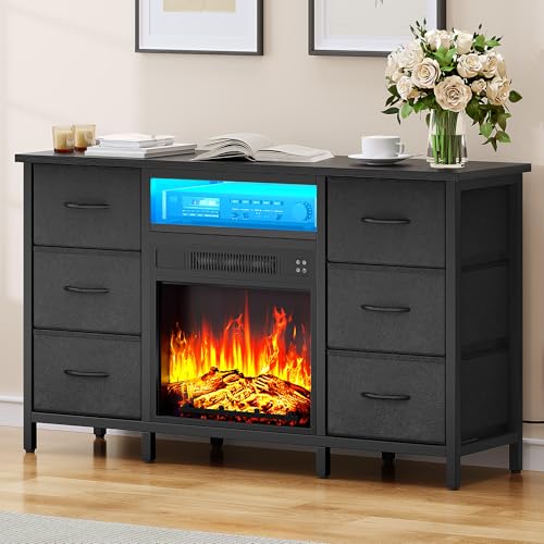 DWVO Elektrokamin mit Heizung, TV Schrank mit Kamin, 6 Schubladen Schwarz