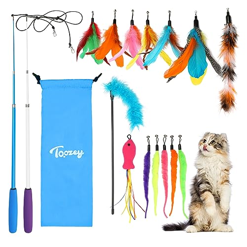 Toozey Katzenspielzeug 16 Stück, Katzen Spielzeug mit 2 STK versenkbare interaktive Katzenangel und 14 STK Feder/Bug/Fisch Ersatz mit Glocken, Bonus Aufbewahrungstasche