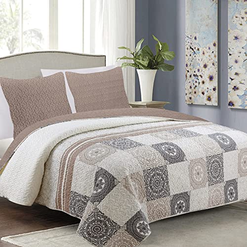 Euromat Tagesdecke Steppdecke Bettüberwurf Gesteppte Tagesdecke mit 2 Kissenbezüge 40x40 cm- (Beige Grau Ecru- Antea, 220x240 cm)