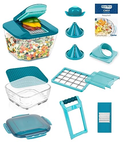 Genius Nicer Dicer Chef Professional Gemüseschneider Gemüsehobel manuell 18-tlg, 5.2L Behälter extra Glassschüssel Deckel, Spiralschneider Pommesschneider Küchenhelfer mit Rezept