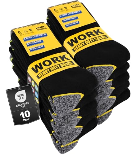 Effeet 10 Paar Arbeitssocken Herren Socken, Gepolsterte Verstärkte WORK Socken, Atmungsaktiv Funktionssocken mit Komfortbund, Lange Work Socks