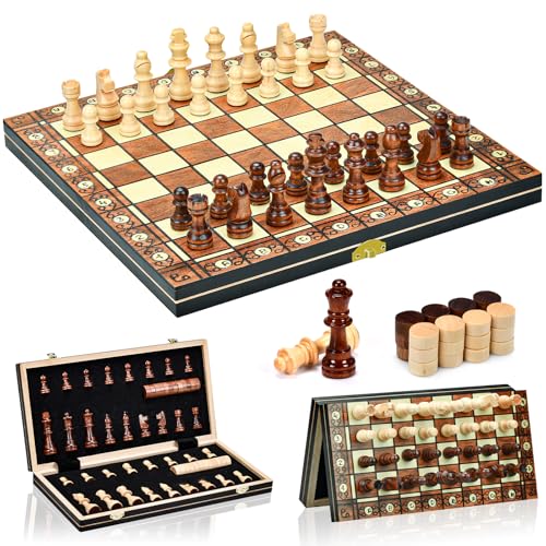 Aissom Schachspiel aus Holz, 2 In 1 Schachspiel, Schachspiel Magnetisch mit Stauraum, klappbar für Party Familie Aktivitäten,reiseschach, Kinder (39x39cm)