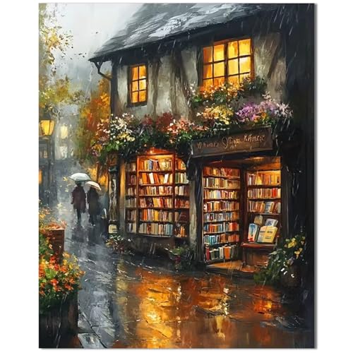 Qiukoo Malen nach Zahlen Erwachsene Buchhandlung - 40x50 cm DIY Ölgemälde Set mit 4 Pinseln, Acrylfarben – Paint by Numbers für Geschenke, Wanddeko und kreative Freizeit