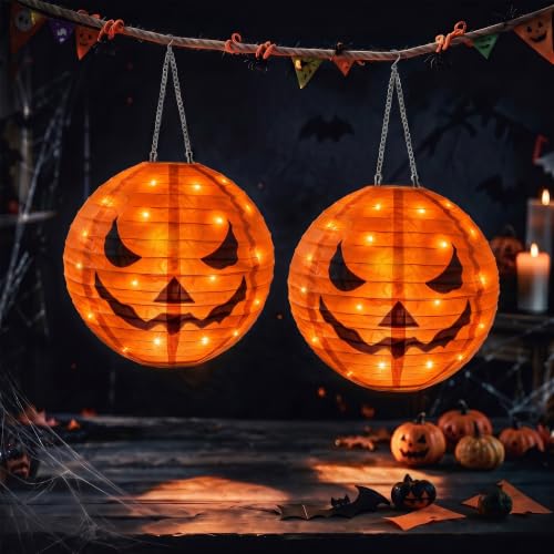Halloween Deko Outdoor Kürbis Laterne 40 LED Kürbis Lampions Orange Licht