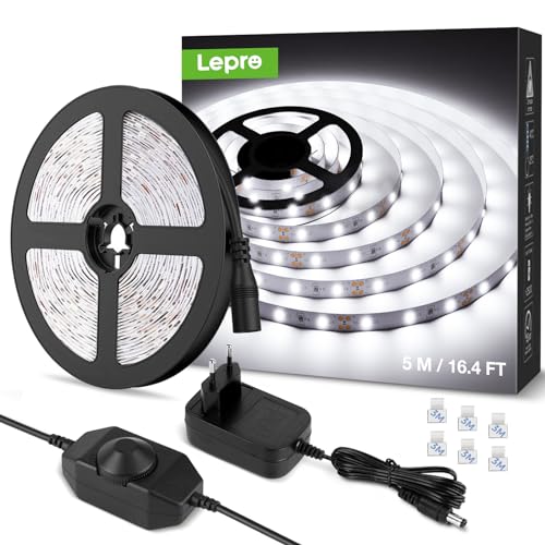 Lepro LED Strip Kaltweiß 5M, LED Streifen Kaltweiss 6000K Dimmbar, 300 LEDs, 12V Selbstklebend, IP20 LED Band, Weiß Flexible DIY Leiste, LED Lichtband Kette mit Netzteil für Innen Küche Dekoration