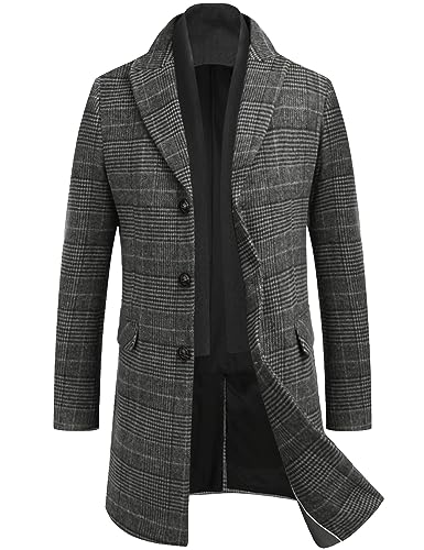 COOFANDY Herren Mantel mit Abnehmbaren Schal Wintermantel Kariert-Schwarz XL