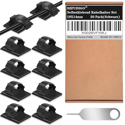 SZFUDIGO selbstklebend kabelhalter 50 Pack Schwarz, geeignet für Kabel mit einem Durchmesser von ≤ 6 mm in Autos, Häusern und Büros.