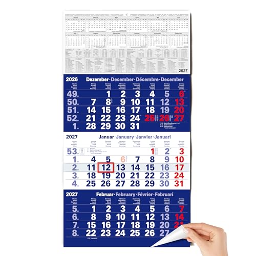 TOBJA® 3 Monatskalender 2027 Wandkalender Blau - Mit rotem Datumsschieber, FSC-zertifiziert, Schulferien und Feiertagen - Ideal für Büro und Familie | Quartalskalender Wand 30x56 cm
