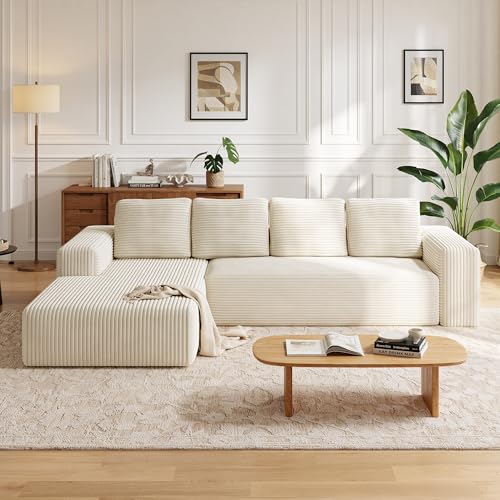 Wumagin 261cm Modulares L-förmiges Ecksofa mit Schlaffunktion, Rahmenloses 4-Sitzer-Schlafsofa, Cord Bodensofa mit Ottomane für Wohnzimmer, Freistehend, Keine Montage(Weiß)