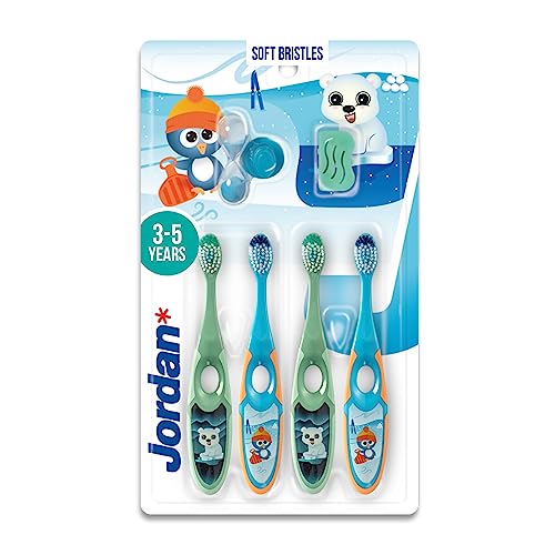 Jordan ® | Step 2 Zahnbürste Kinder | Kinder zahnbürste für 3-5 Jahre | Weiche Borsten, doppelter ergonomischer Griff & BPA-frei | Grüne und Blaue Farbe | Pack 4 Einheiten