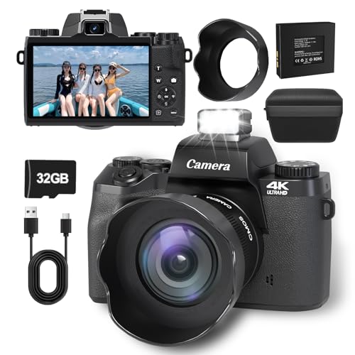 Digitalkamera 4K, 64MP 1080P FHD Fotokamera mit Autofokus 16X Digitalzoom Fotoapparat Tragbare Kompaktkamera, 4,0-Zoll-Touchscreen mit 32GB TF-Karte LED-Blitz für Jugendliche und Anfänger