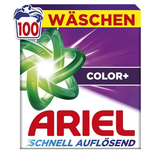 Ariel's schnell auflösendes Pulver Waschmittel Color+, 100, 100 Wäschen, Color+, Fleck-Weg-Power beim 1. Waschen, Sofortige Wirkung, selbst in kaltem Wasser
