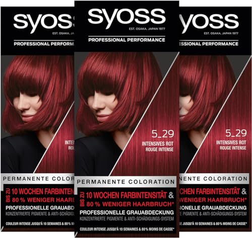 Syoss Color Coloration 5_29 Intensives Rot Stufe 3 (3 x 115 ml), permanente Haarfarbe für bis zu 10 Wochen Farbintensität und 70% weniger Haarbruch*