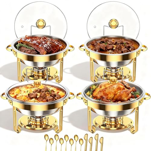 EffiQ-Rate 4 Stück Gold Edelstahl Chafing Dish Buffet Set, 5 QT Rund Speisenwärmer Buffet Server mit Klarer Deckel und Utensilien, Wärmebehälter für Partys und Catering Veranstaltungen