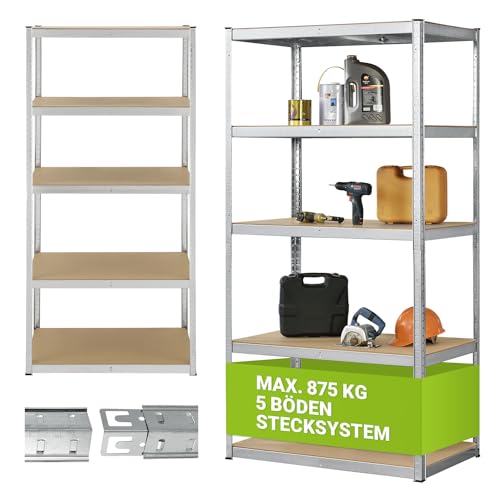 Juskys Schwerlastregal Basic 200x100x60cm (HxBxT) - 875 kg - 5 Böden - Lagerregal Steckregal Metall Kellerregal Regalsystem Regal (Verzinkt)