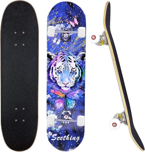 31 x 8 Zoll komplettes Skateboard für Jungen, Mädchen, Teenager, Erwachsene, Anfänger,8 Lagen Ahorn Double Kick Deck Concave Skateboard mit ABEC-11-Kugellagern