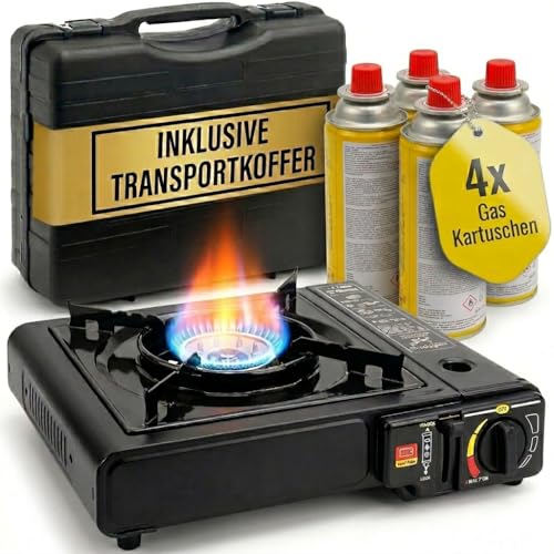 Fabona Gaskocher mit 4 Kartuschen - Campingkocher 2,2 kW mit Piezozündung - Camping Gaskocher mit Transportkoffer - Kartuschenkocher - Gas Kocher für Camping, Outdoor, Stromausfall