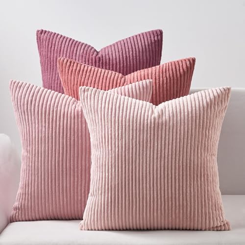 Topfinel Kissenbezug rosa 40x40 4er Set Kordsamt Kissenbezüge Kissenhülle Dekokissenbezug sofakissen dekokissen deko, Gestreift, für Sofa Schlafzimmer Wohnzimmer Balkon Kinder flauschig Farbverlauf