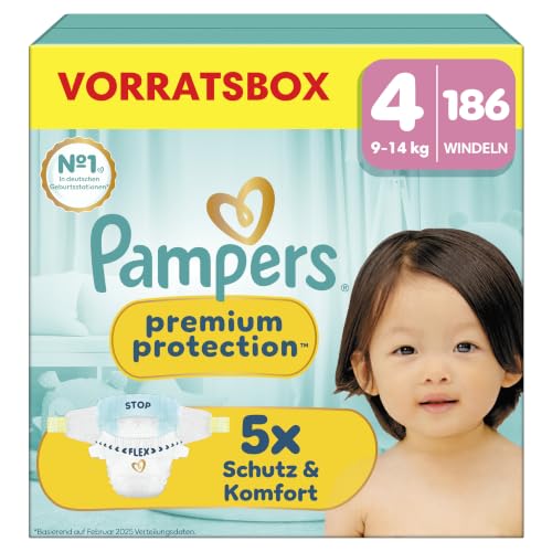 Pampers Premium Protection Größe 4, 186 Windeln, 9kg-14kg