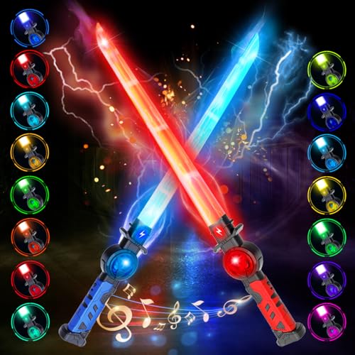VATOS 2 Stück Wiederaufladbare Lichtschwert für Kinder,15 RGB Variable Farbe Lichtschwert mit Kampf Soundeffekten,2 in 1 Retractable LED Laserschwert Spielzeug für Cosplay,Samurai Themenparty