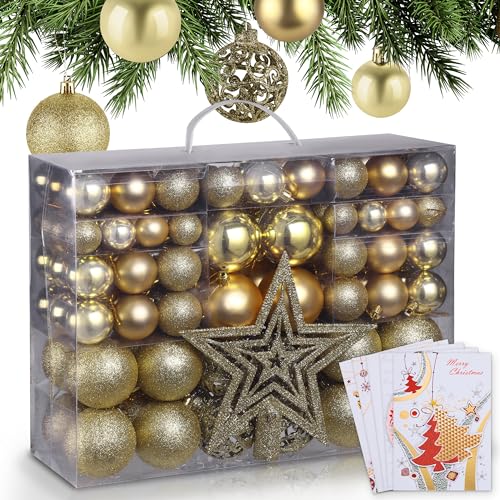 ONBEST Weihnachtskugeln 128-teiliges Set – 1x Baumspitze Glitzer Stern & 127x Kugel – mit Verpackung – Weihnachtsschmuck Deko für Drinnen & Draußen aus Kunststoff – Plus 5X Karte (Gold)