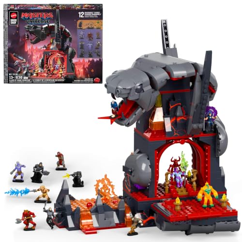 Mattel Brick Shop Masters of the Universe Bauset, Clash at Snake Mountain mit 636 Teilen und 12 Figuren für Erwachsene Sammler und Kinder ab 13 Jahren, JMB31