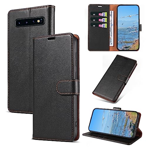 KKEIKO Hülle Kompatibel mit Samsung Galaxy S10 Plus, Magnet Klappbar Handyhülle mit Kartenfach, PU Leder Stoßfest Schutzhülle für Samsung S10 Plus, Schwarz