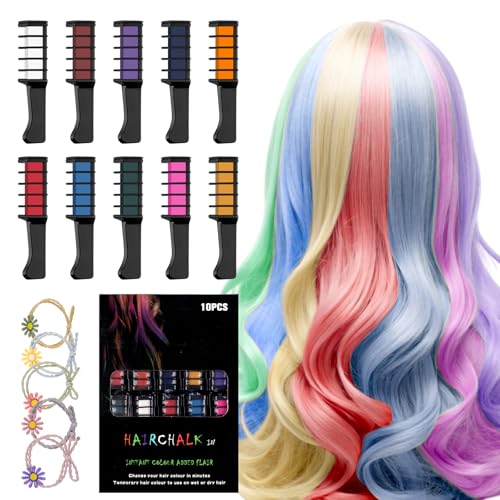 Haarkreide für Mädchen Set I 10 Auswaschbare Farben & 5 Haargummis I Temporäre Haarkreide Kamm Haar Kreide Haarkreide für Kinder I Ideal für Halloween, Weihnachten, Geburtstage I Sicher und Farbenfroh