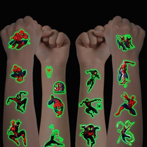 Tattoo Kinder, 12 Blätter Leuchtendes Superhero Spiderman Temporäre Tattoo Set für Jungen Mädchen Kindertattoos Wasserdicht für Geburtstagsgeschenke Kindergeburtstag Mitgebsel Festival Party Deko