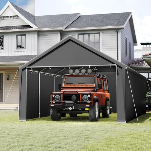 SUBTLETY Carport 4x8m Garagenzelt Winterfest mit PE Plane Wasserdicht, Zeltgarage Winterfest, Mobile Zeltgaragen Wasserdicht Mit Hagel Und Staub, Lagerzelt Stabil Lagerzelt Für Auto, SUV, Boot (Grau)