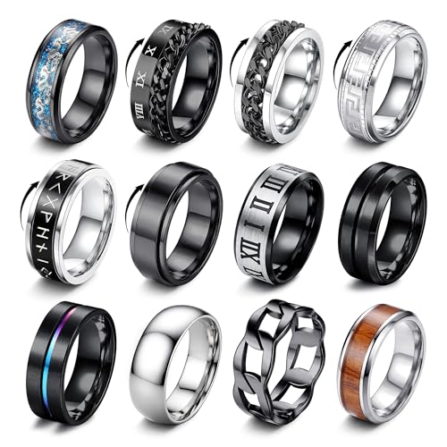 Morfetto 12 Stück Edelstahl Ringe Herren Damen Fidget Ring Schwarz Silber Ringe Set für Männer Spinner Ring Vintage Schlichte Eheringe Verlobungsringe Größe 10