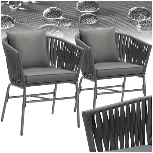 tectake® Gartenstühle Set, Geflecht-Stuhl, Gartenstuhl Rope, Stühle Outdoor, Balkon Sessel, Terrassenmöbel mit Sitzpolster und Kissen für Garten, als Terrassenstuhl, Gartensessel - 2er Set