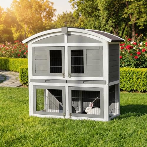 Miweba MyAnimal Hasenstall MH-33 | 118x55x105 cm - Kaninchenstall mit Freilaufgehege - Doppelstockhaus 2 Ebenen - Hasenkäfig - Imprägniert - Kaninchenkäfig Winterfest - Indoor und Outdoor (Grau/Weiß)