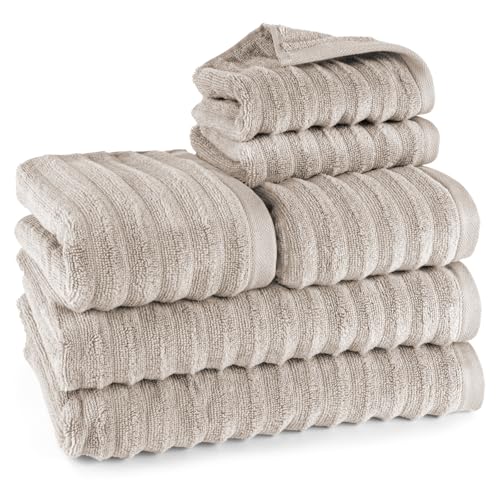 Pure Label 6-TLG. Handtücher Set mit Aufhängeschlaufen aus 100% Baumwolle, saugstark und weich - 2X Badetuch (70x140cm) 2X Handtuch (50x100cm) 2X Gästetuch (30x50cm), Taupe