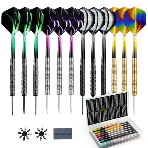 HUANQU 12 Stück Set Dartpfeile Steeldarts 18g – Präzise Dartpfeile Metallspitze mit Dart Tasche, 16 Flightschutz, Dart Schleifstein & Dart Zubehör – Profi Darts für Anfänger & Fortgeschrittene